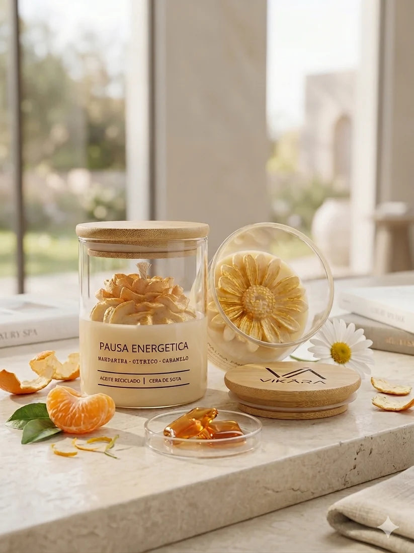 Vela de soya con flor dorada, aroma Pausa Energética, junto a mandarinas